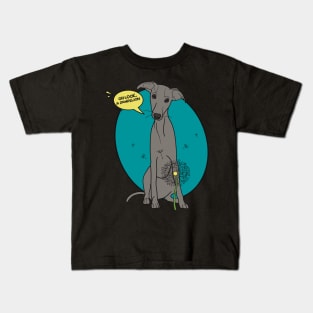 Funny greyhound design; Grey Italian greyhound with a dandelion flower Kids T-Shirt